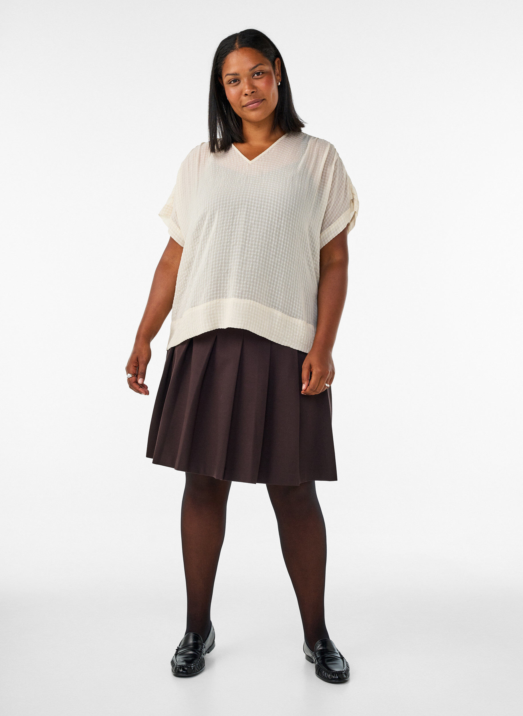 ZizzifashionSeersucker blouse with V-neck, Beige, Model image number 1