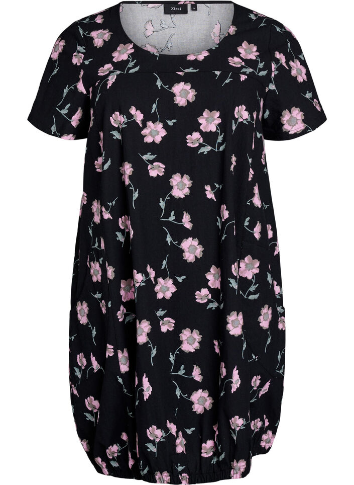 Short-sleeved cotton dress with print, Black, Packshot image number 0