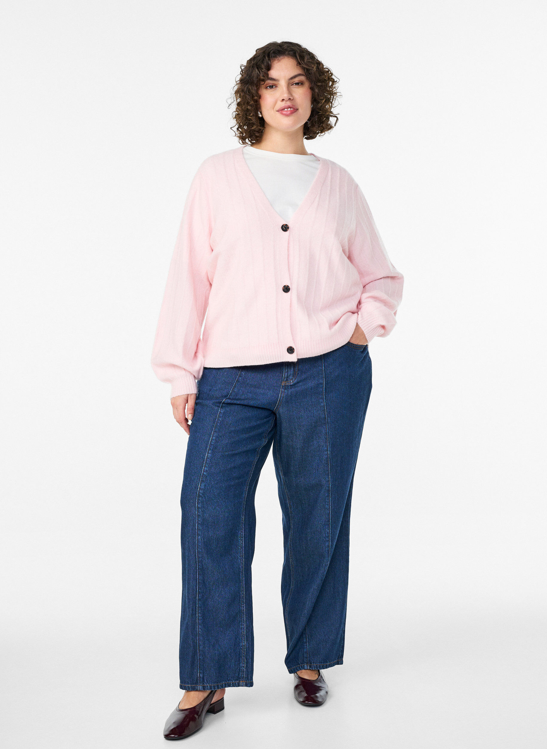 Zizzifashion Cardigan with a ribbed texture and balloon sleeves, Pink, Model image number 1