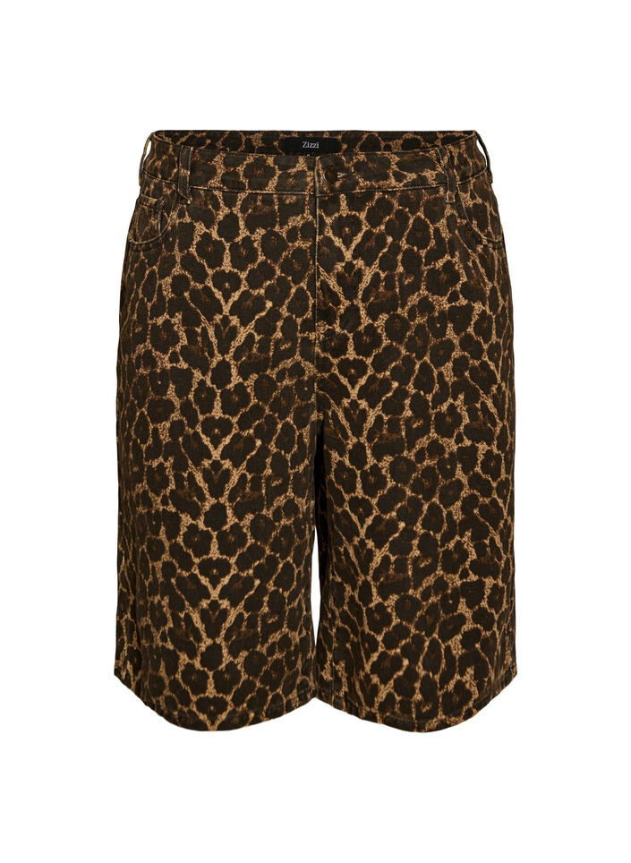 Leopard print denim Bermuda shorts, Brown, Packshot image number 0