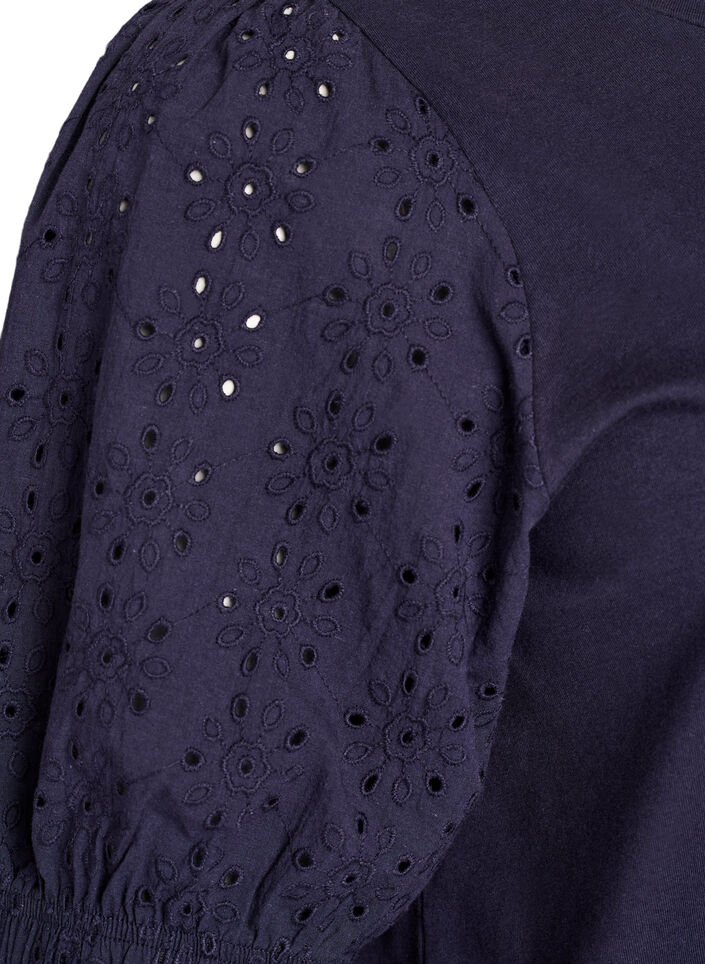 T-shirt with broderie anglaise sleeves, Blue, Packshot image number 3