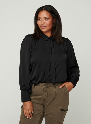 Shirt with light puff sleeves and a bow detail, Black, Model image number 0