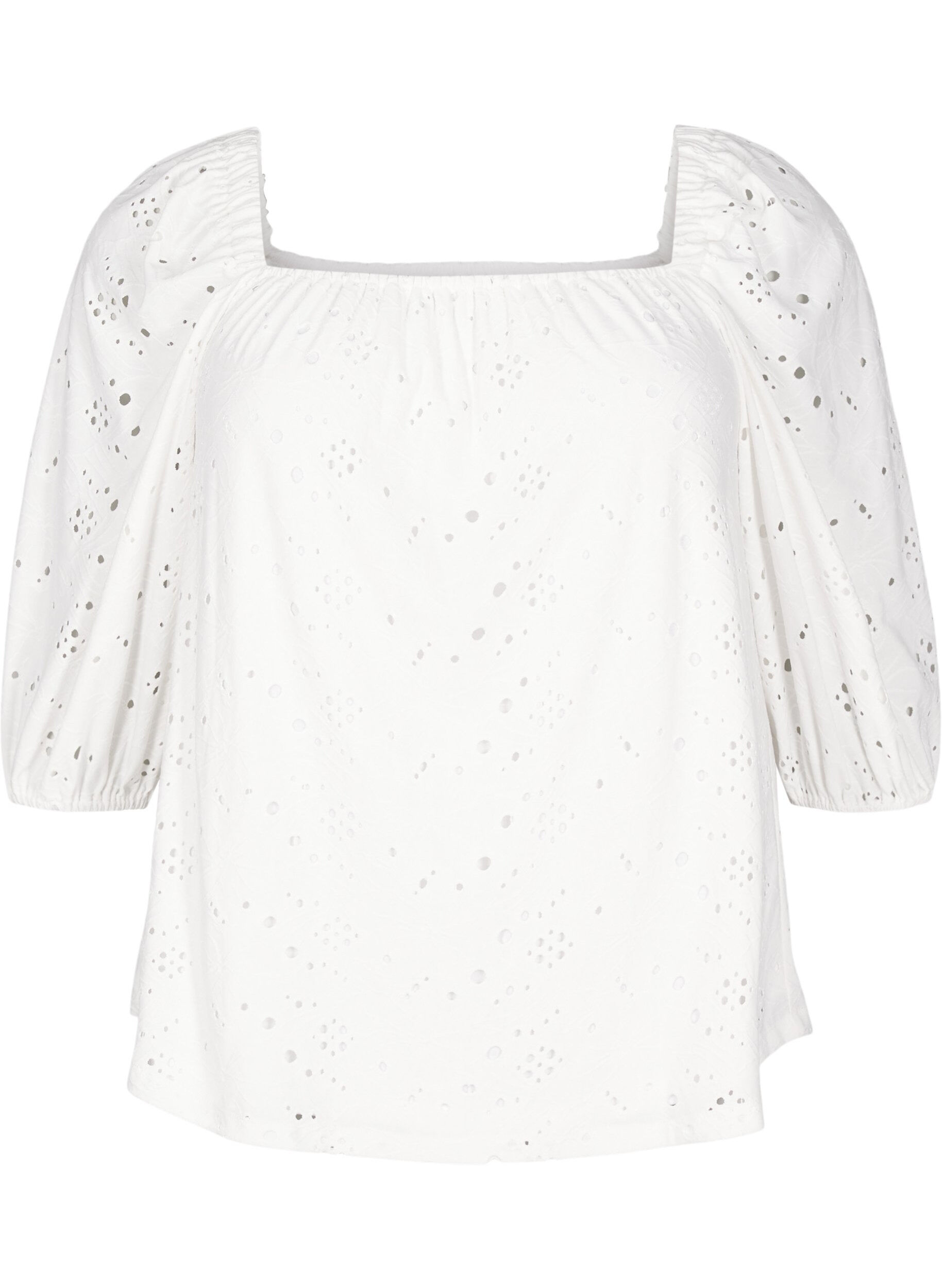 Zizzifashion Blouse with short puff sleeves and an openwork pattern, White, Packshot image number 0