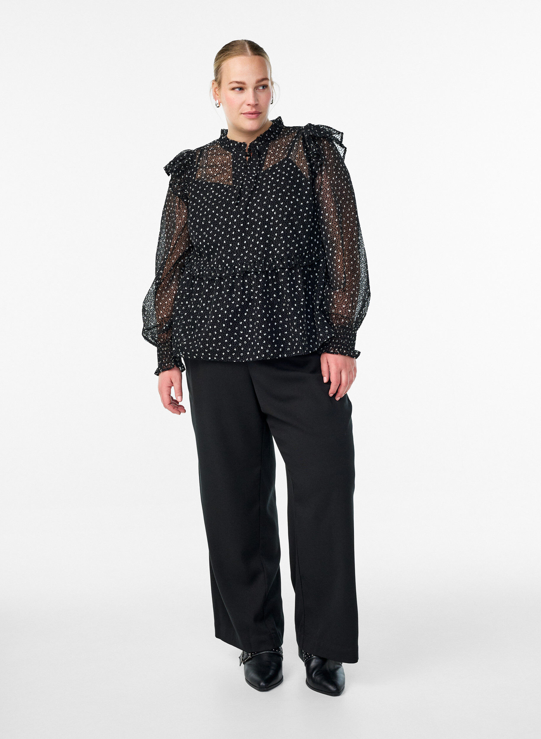 Zizzifashion Chiffon blouse with ruffle details and small dots, Black, Model image number 1