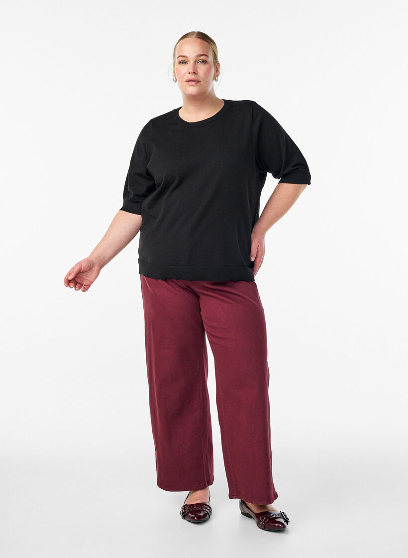 Fine-knit blouse with short sleeves, Black, Model image number 1