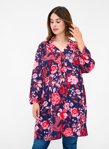Floral viscose tunic with 3/4 sleeves, Flower AOP, Model image number 0