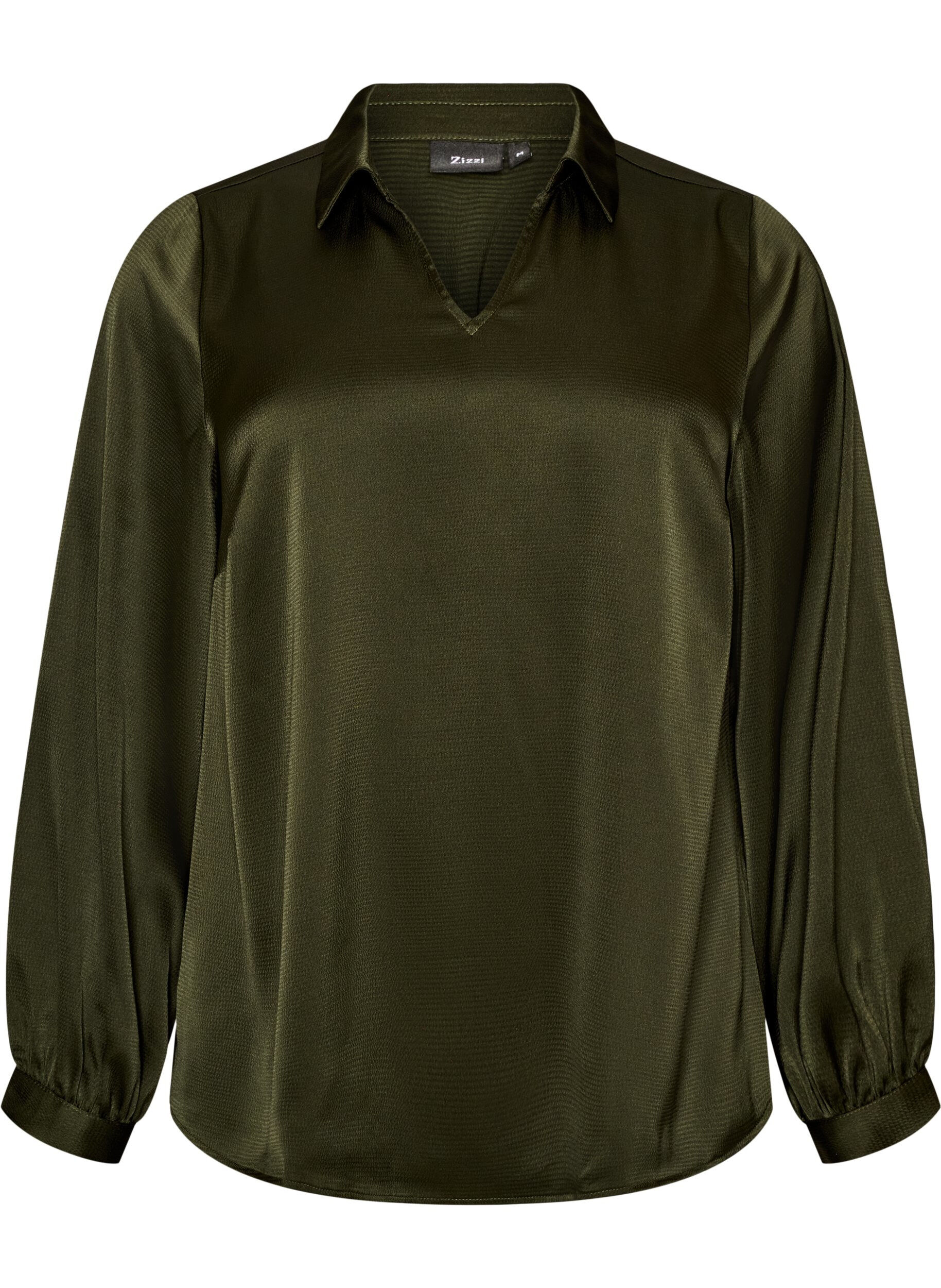 ZizzifashionBlouse with shirt collar and V-neck, Green, Packshot image number 0
