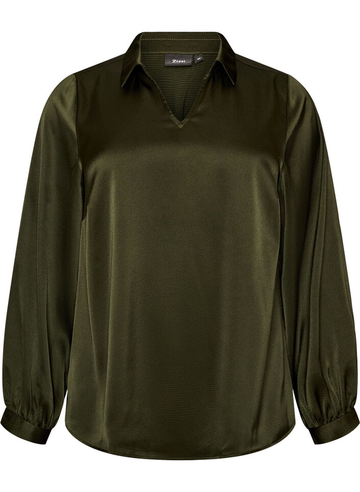 Blouse with shirt collar and V-neck, Green, Packshot image number 0