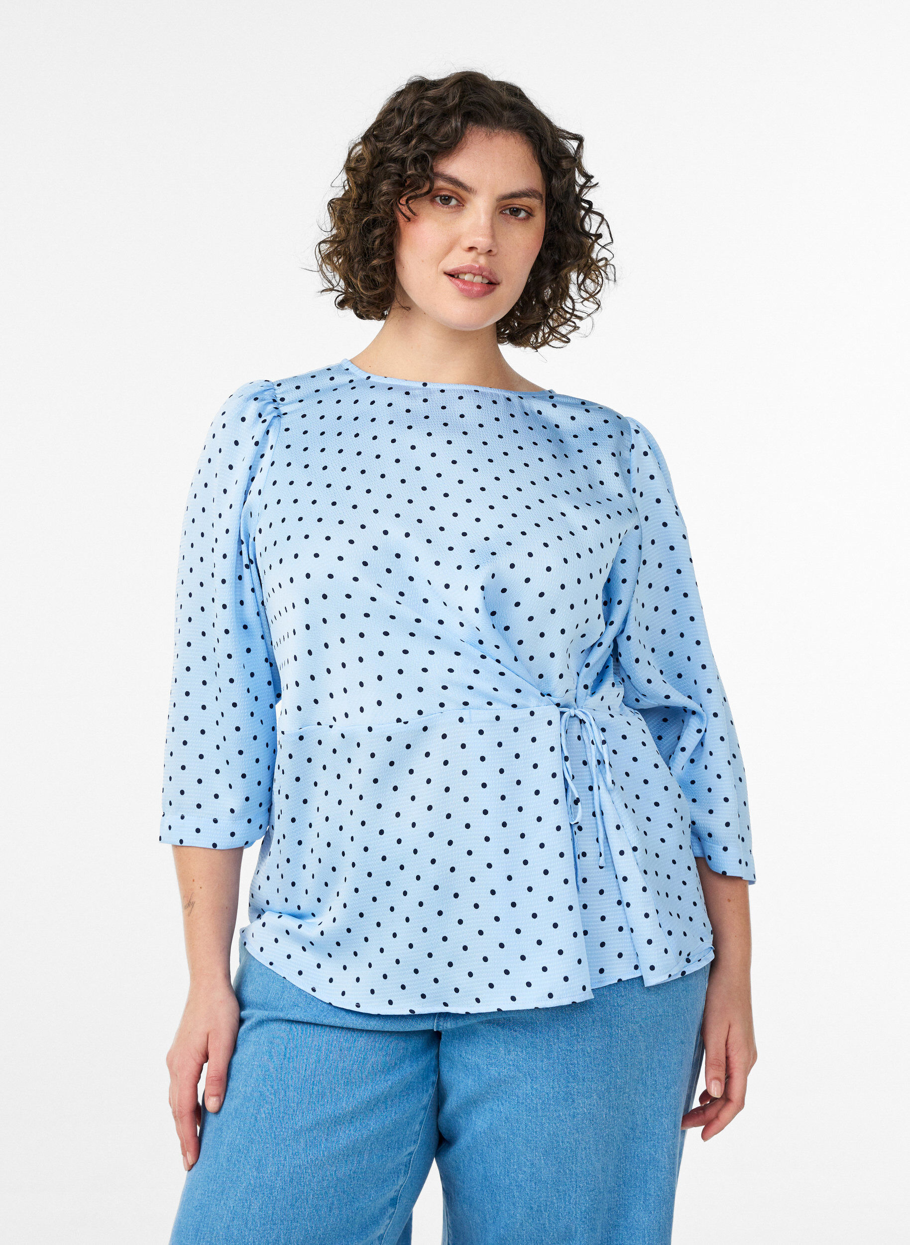 Zizzifashion Polka dot blouse with tie-fastening and 3/4-sleeves, Light Blue, Model image number 0