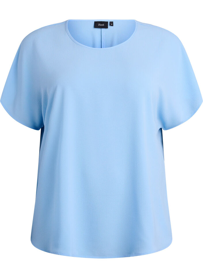 Blouse with short sleeves and a round neckline, Blue, Packshot image number 0