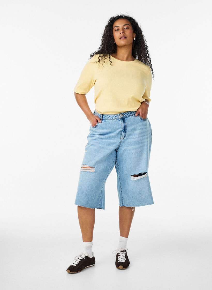 Ribbed jersey blouse with short sleeves, Yellow, Model image number 1