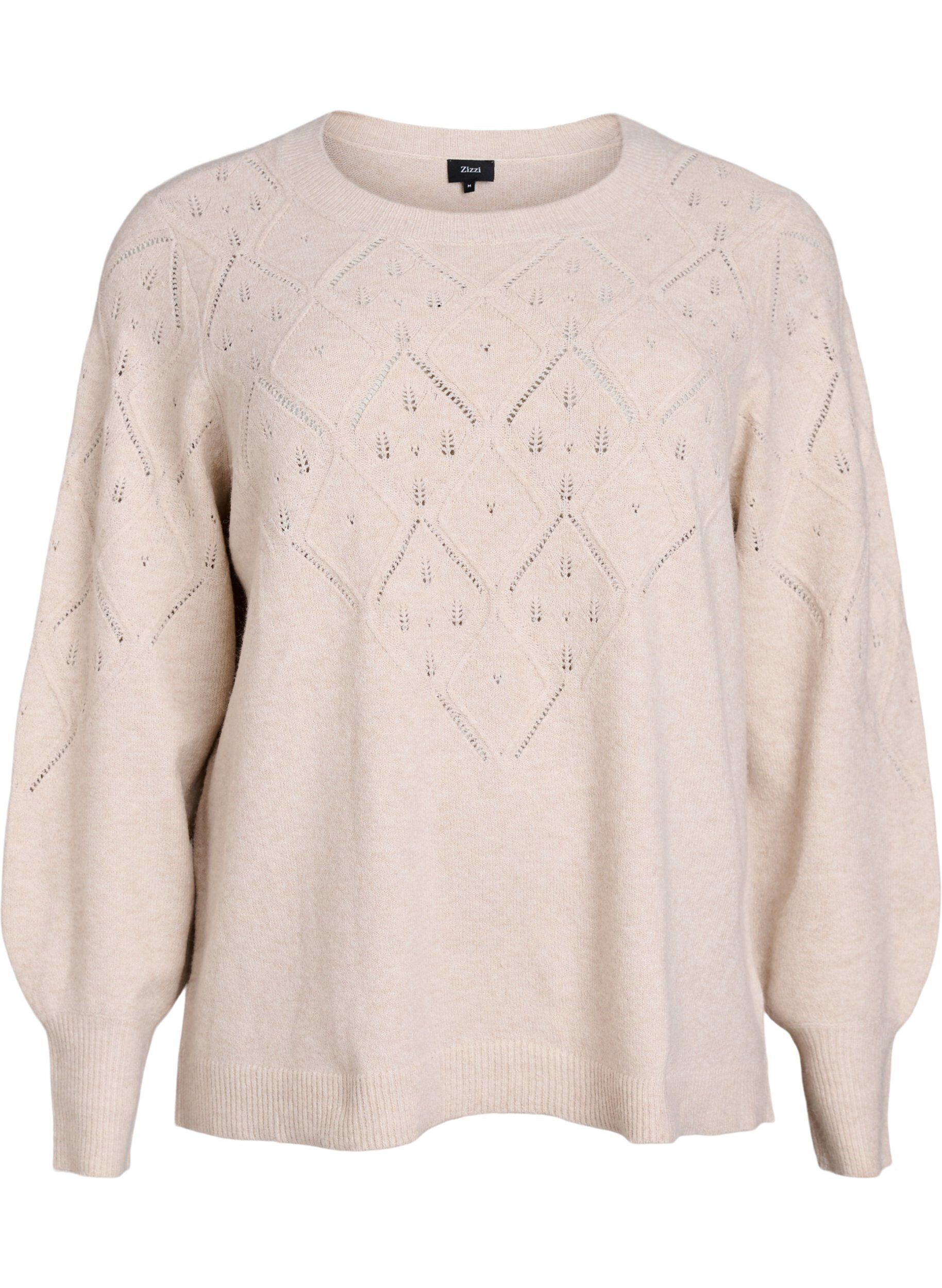 Knitted top with openwork pattern and balloon sleeves