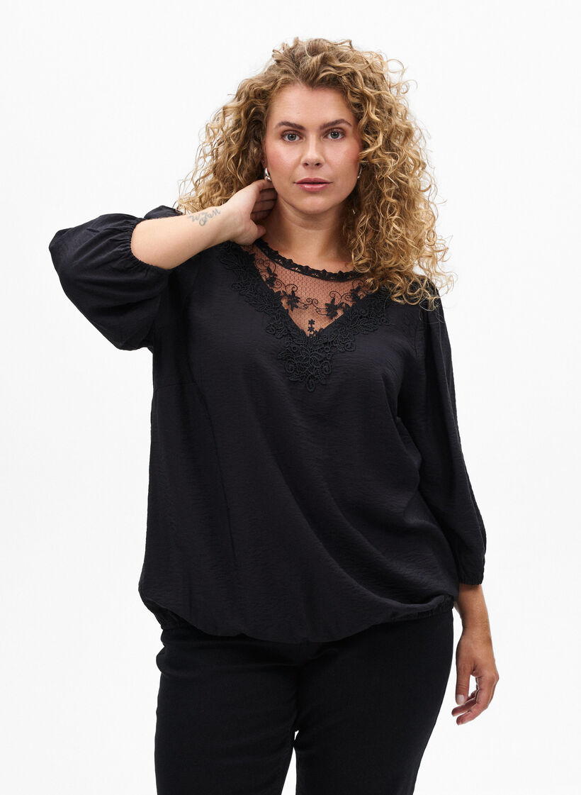Blouse with 3/4 sleeves and lace details, Black, Model image number 0