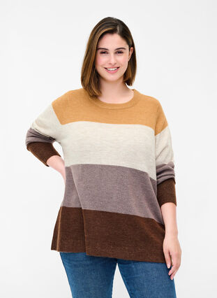 Striped knit sweater with ribbed trims, Rocky Road Comb, Model image number 0