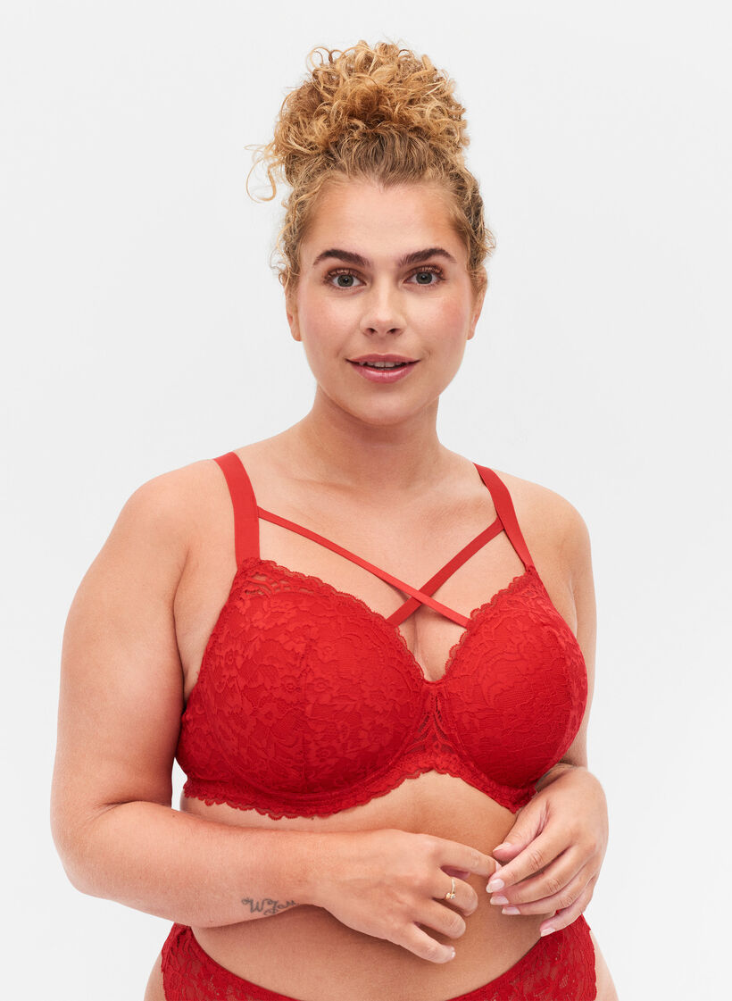 Padded bra with lace and cross detail, Red Ass., Model image number 0