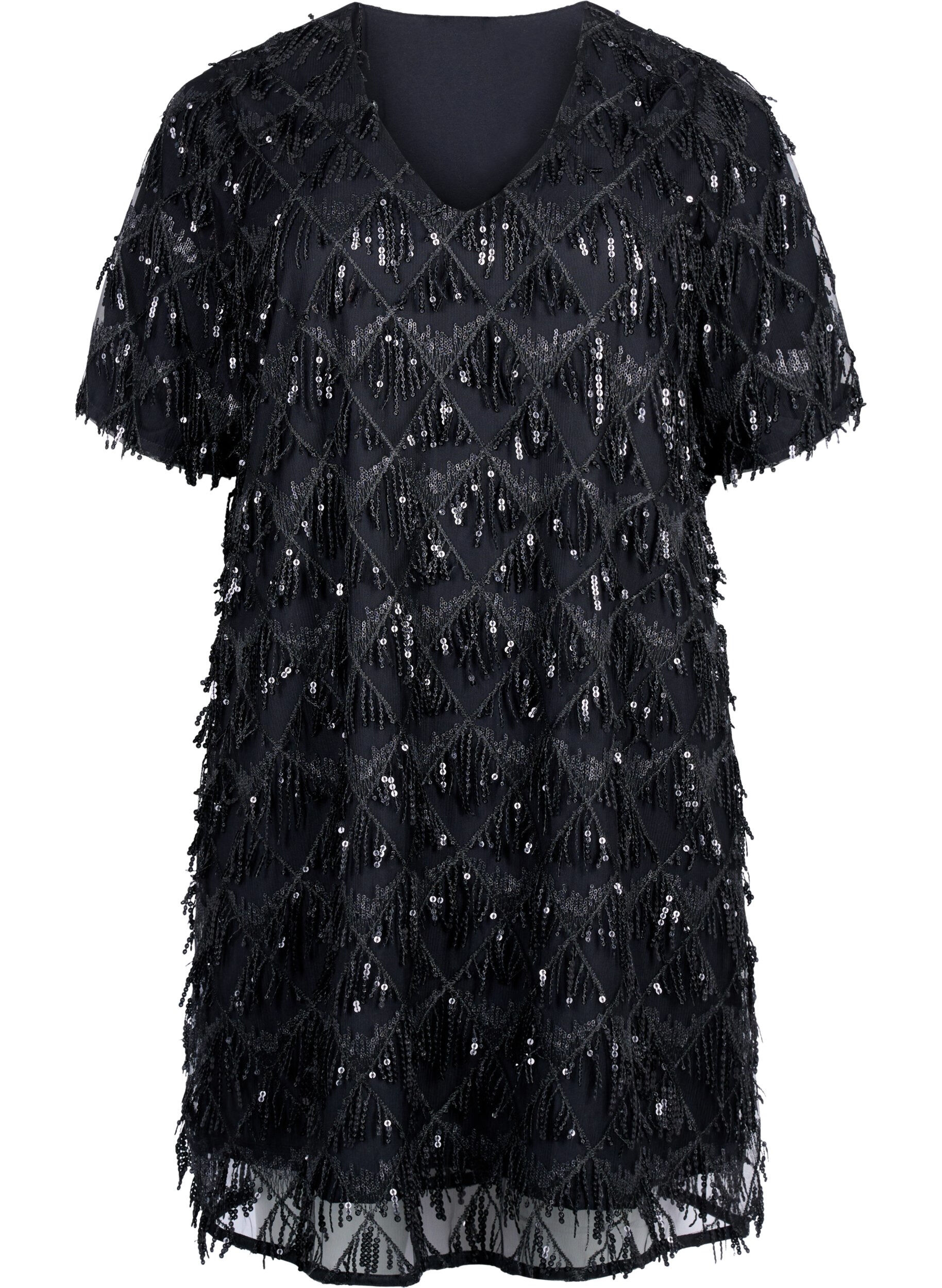 Zizzifashion Short dress with sequin fringes, Black, Packshot image number 0