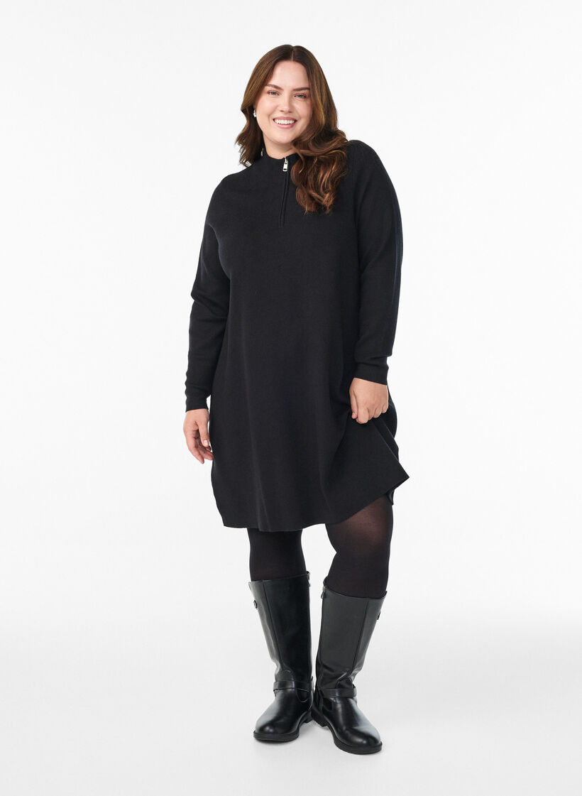 Knit dress with high neck and zipper, Black, Model image number 1