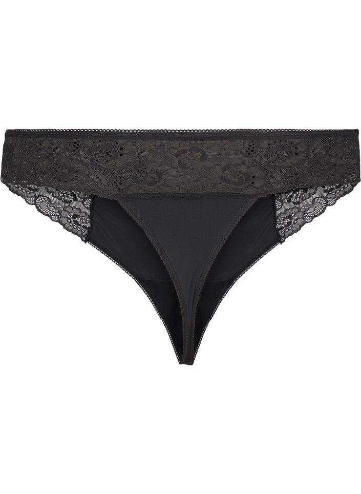 Microfibre G-string with lace, Black, Packshot image number 1
