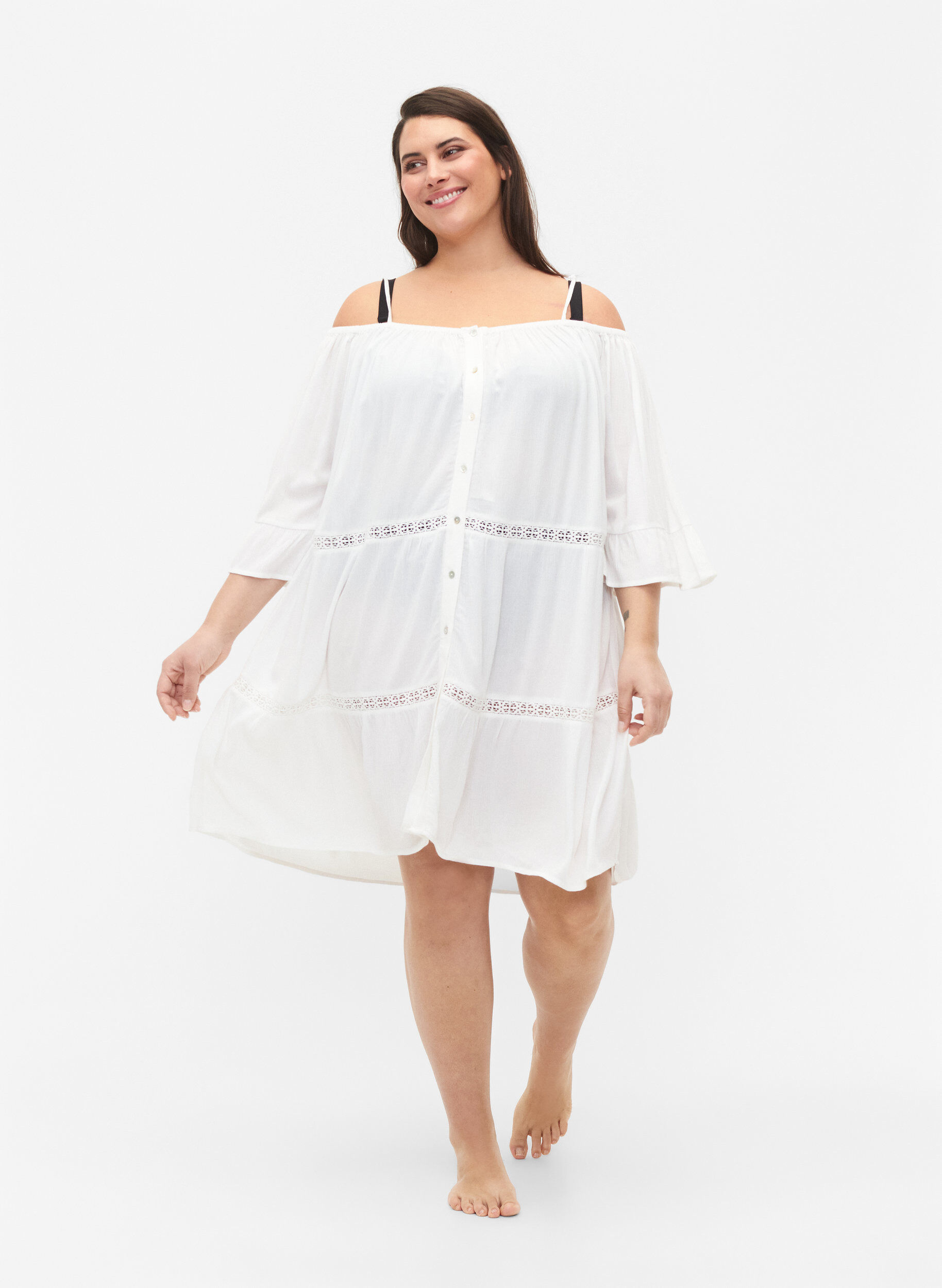 Zizzifashion Beach tunic with off-shoulder, White, Model image number 2