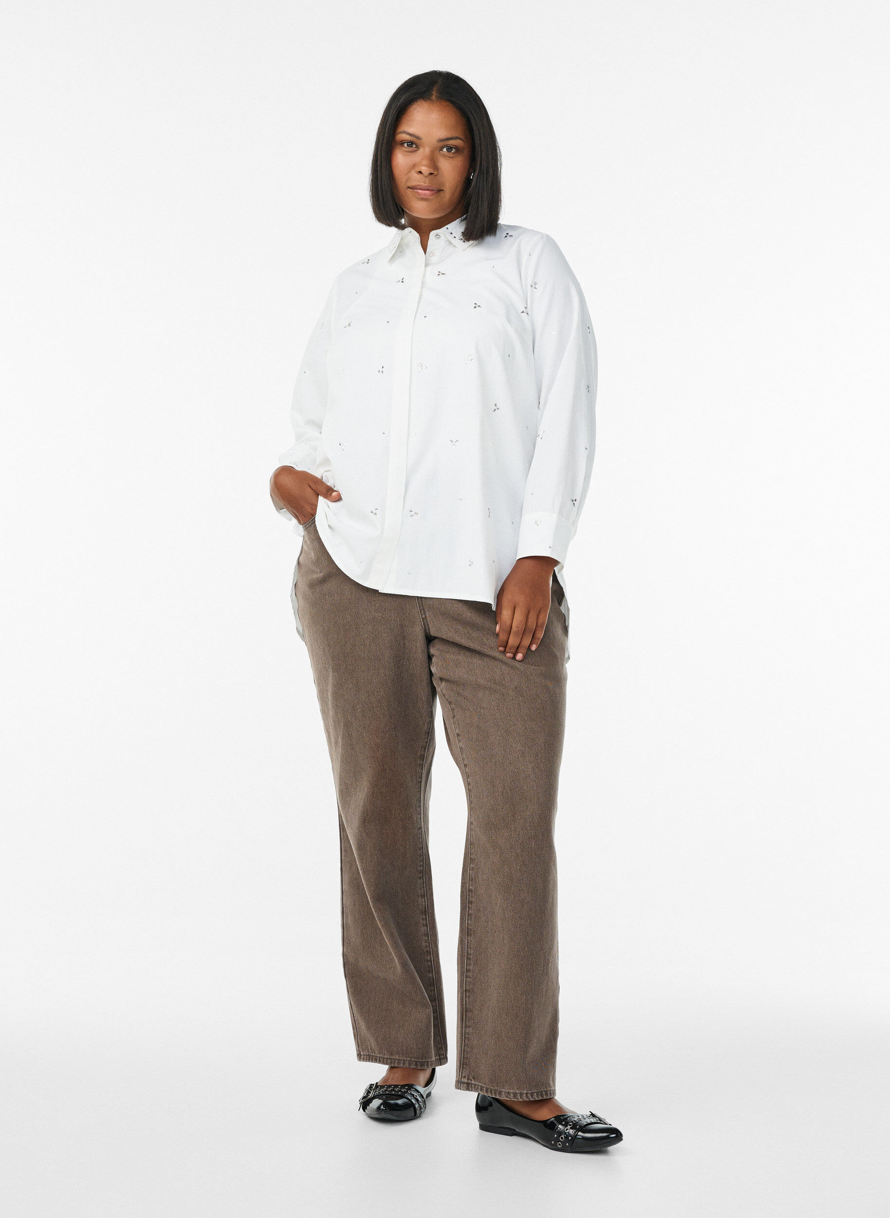 Zizzifashion Shirt with rhinestones, White, Model image number 1