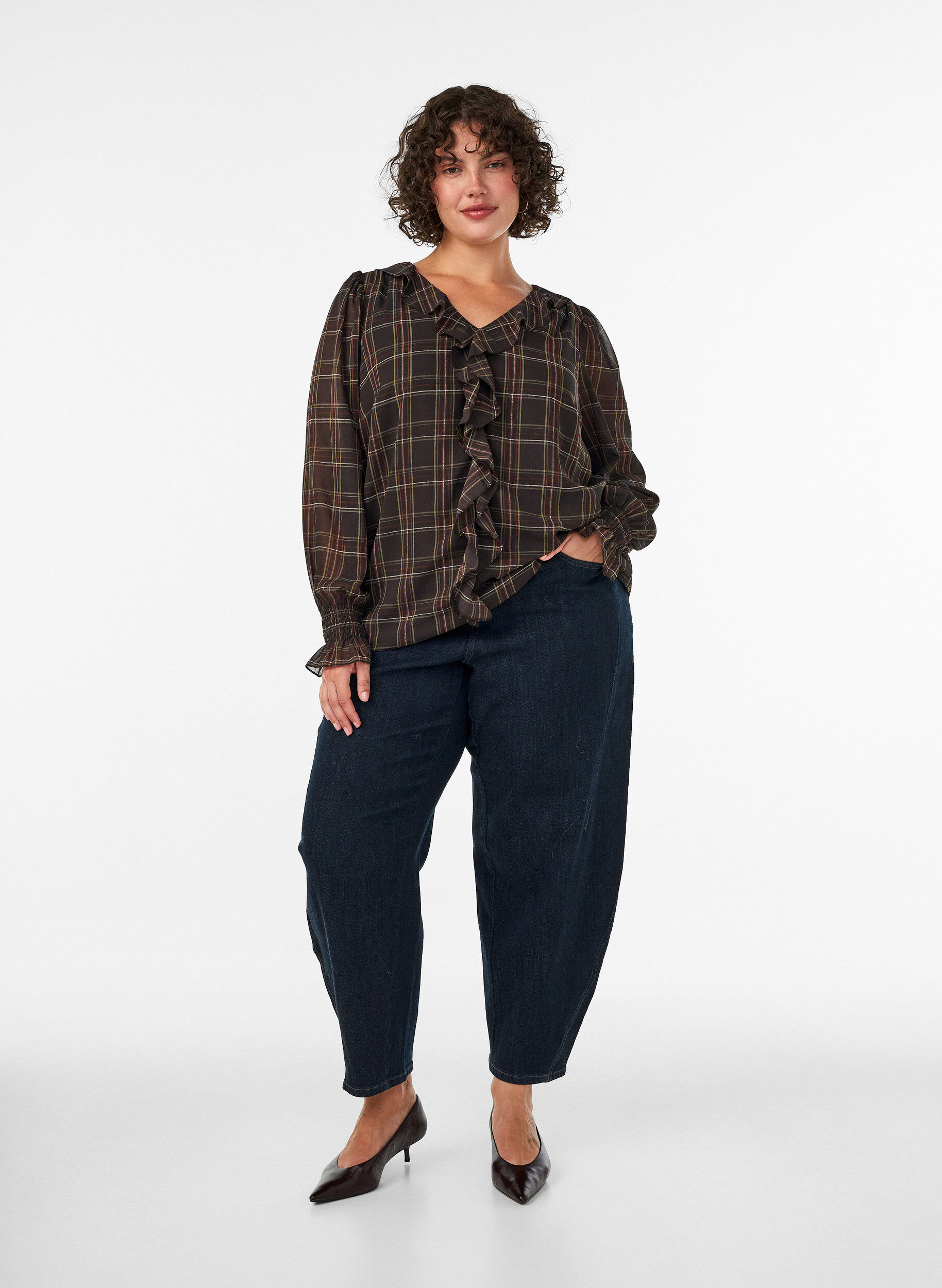 ZizzifashionBlouse with check and ruffle details, Green, Model image number 1