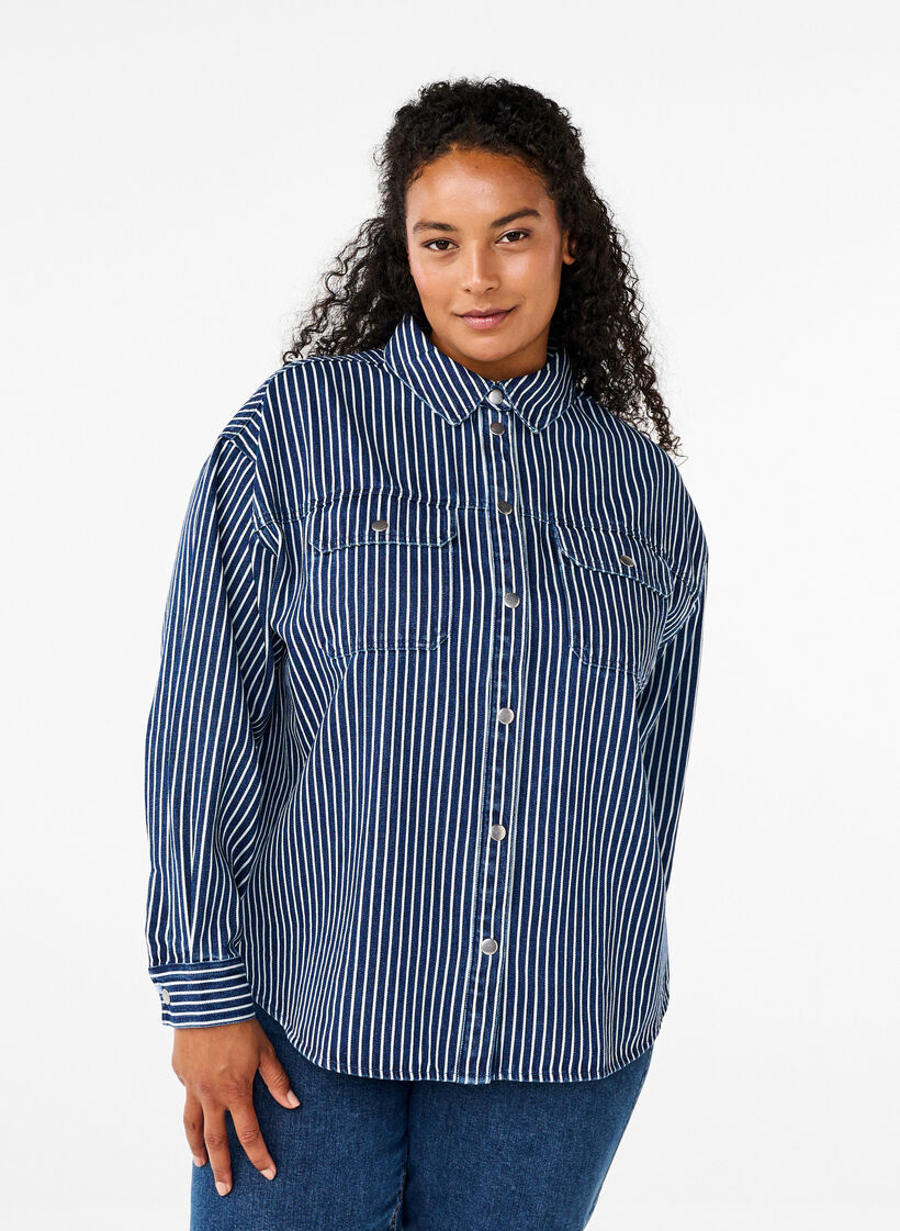 Striped denim shirt with chest pockets, Blue Denim Stripe, Model image number 0