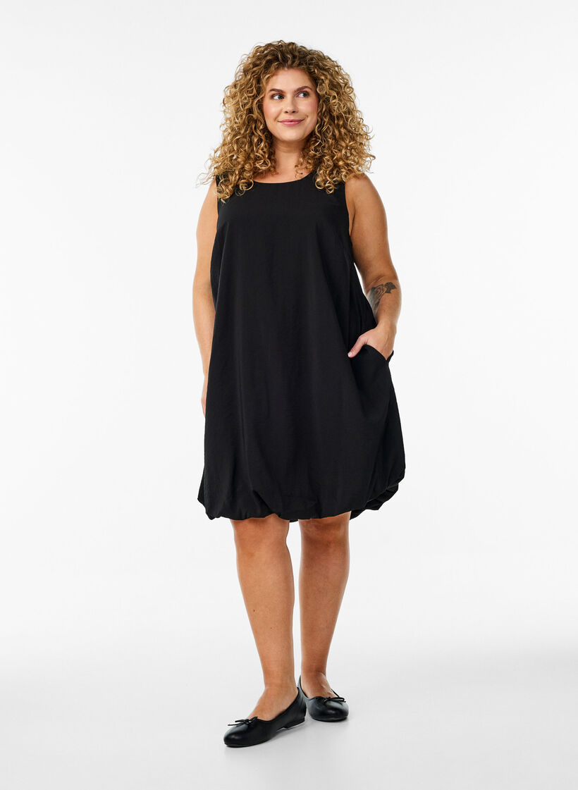 Knee-length balloon dress with pockets, Black, Model image number 1