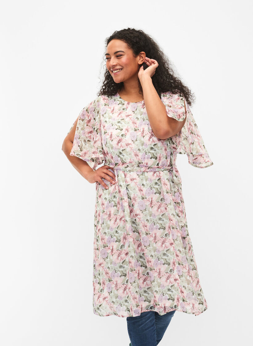 Floral dress with tie band, Flower AOP, Model image number 0