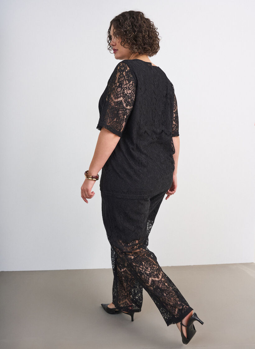 Lace trousers with straight legs and inner shorts, Black, Model image number 1