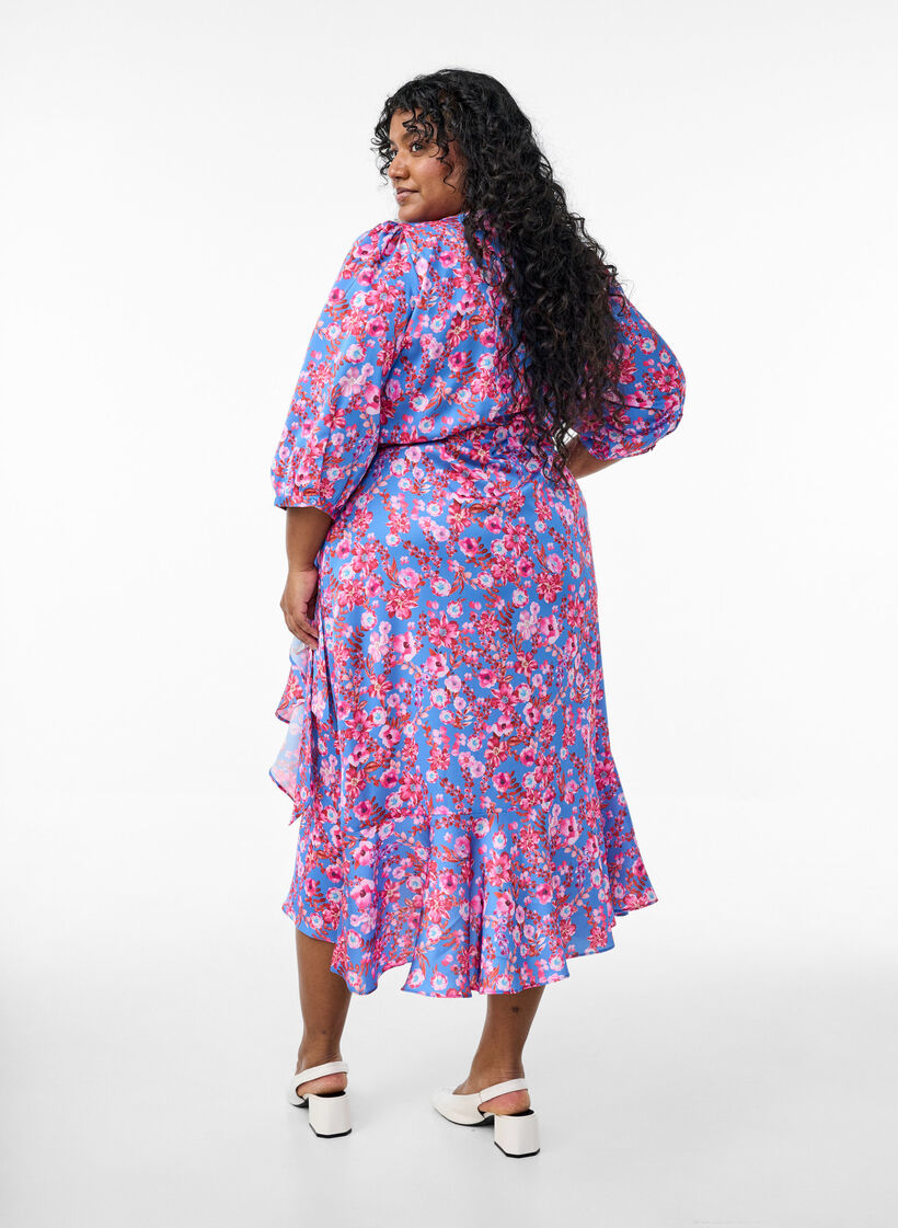 Floral wrap dress with 3/4 sleeves, Blue, Model image number 1