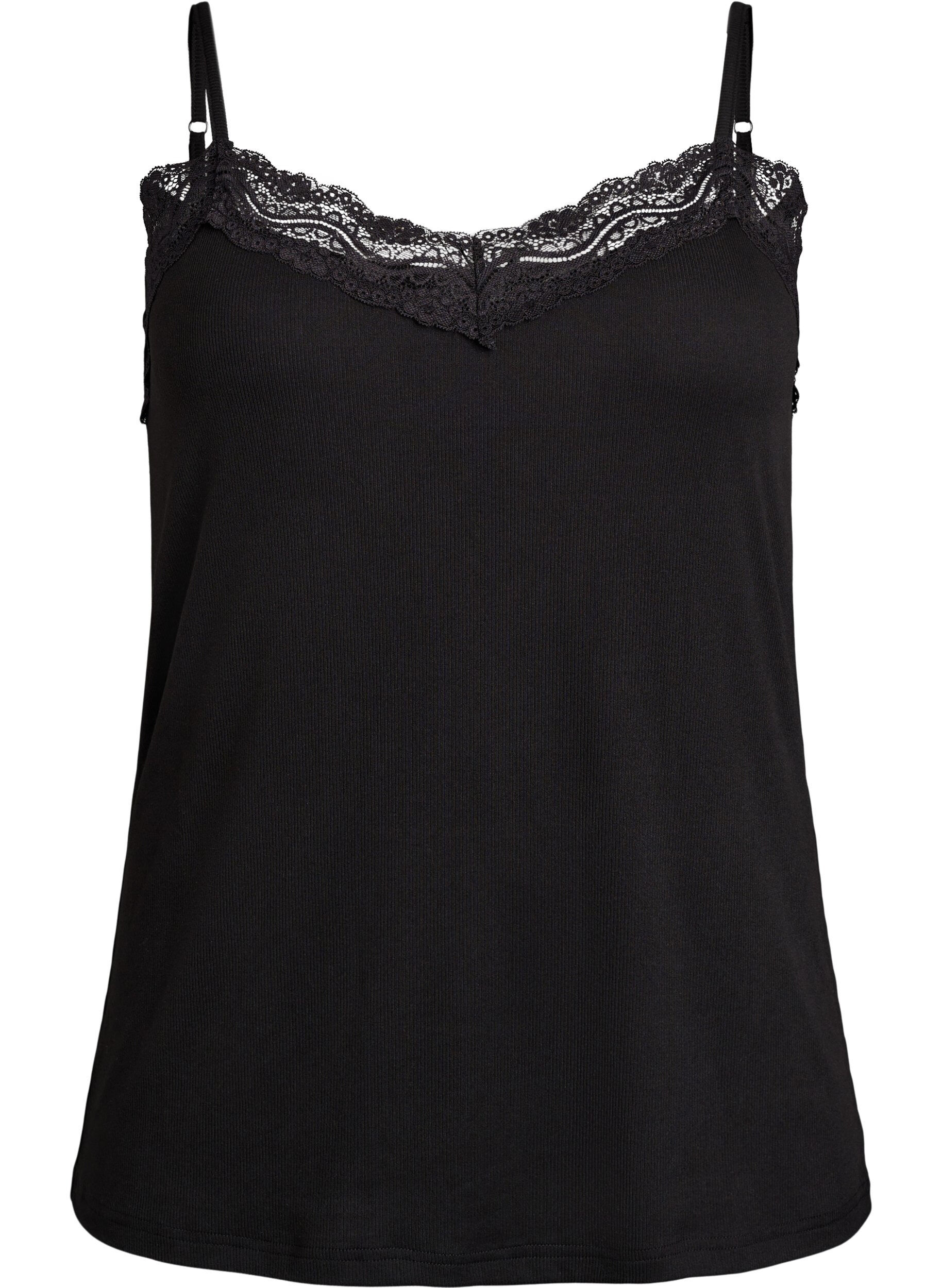 Zizzifashion Ribbed jersey top with lace trim, Black, Packshot image number 0