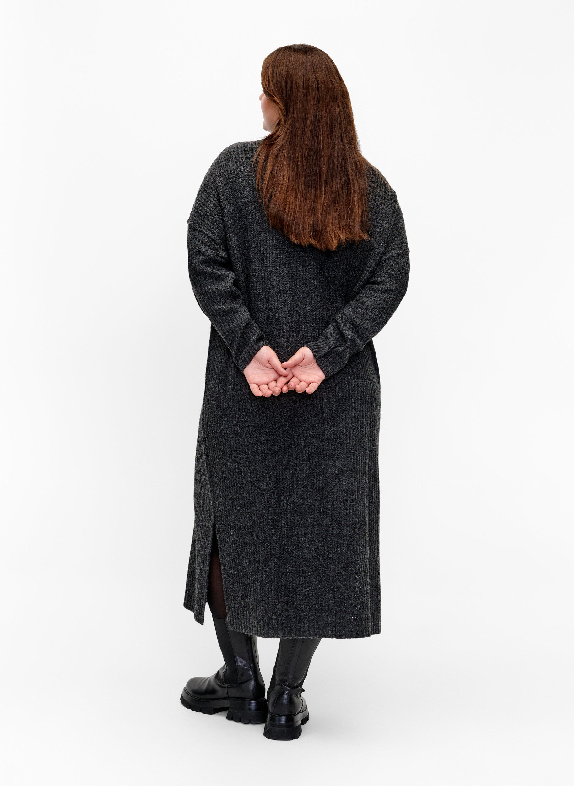 ZizzifashionLong oversized knitted dress with slit, Dark Grey, Model image number 1