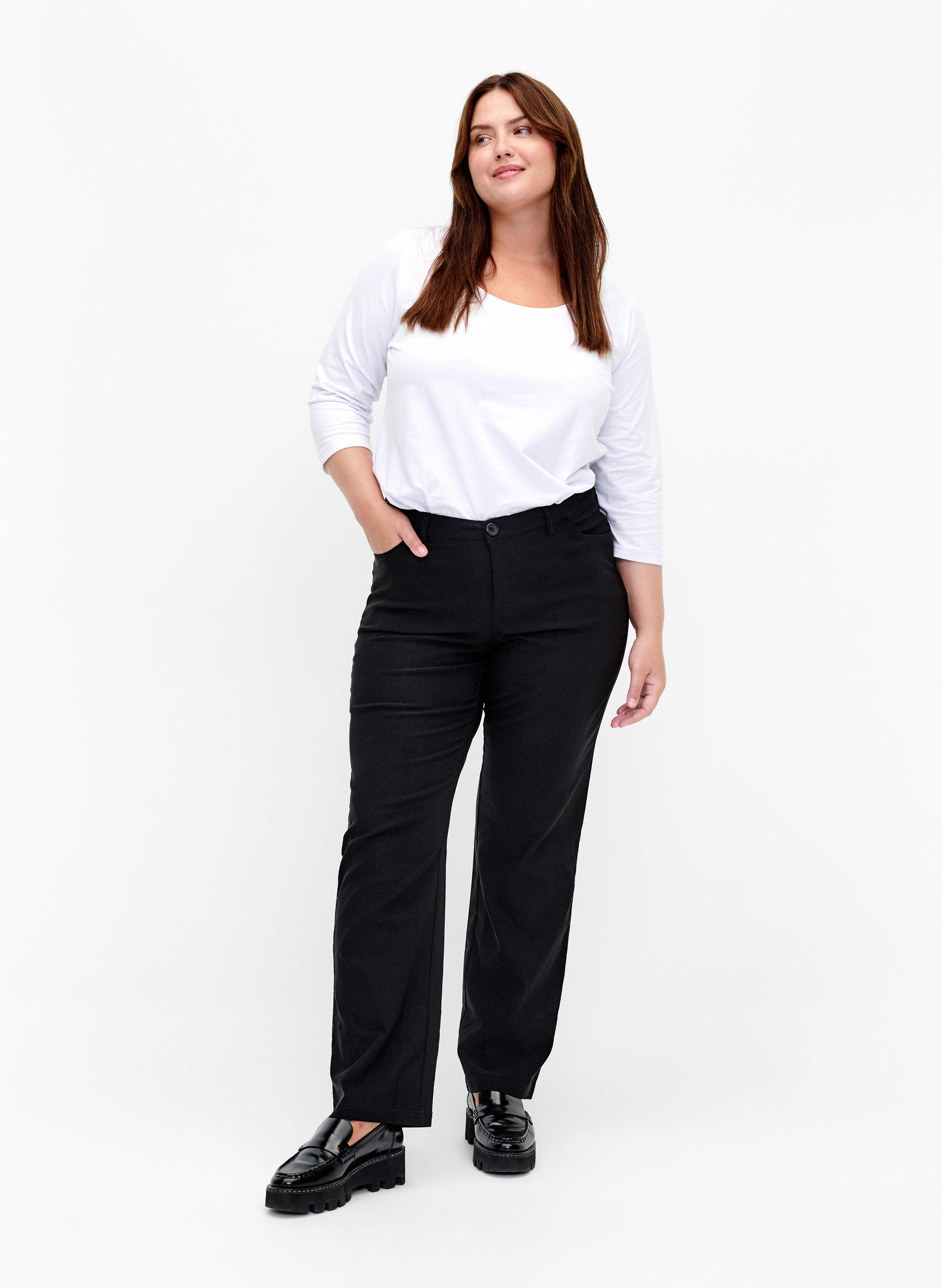 Zizzifashion Basic cotton t-shirt with 3/4 sleeves, White, Model image number 1