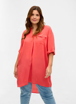 Viscose tunic with short sleeves, Hot Coral, Model image number 0