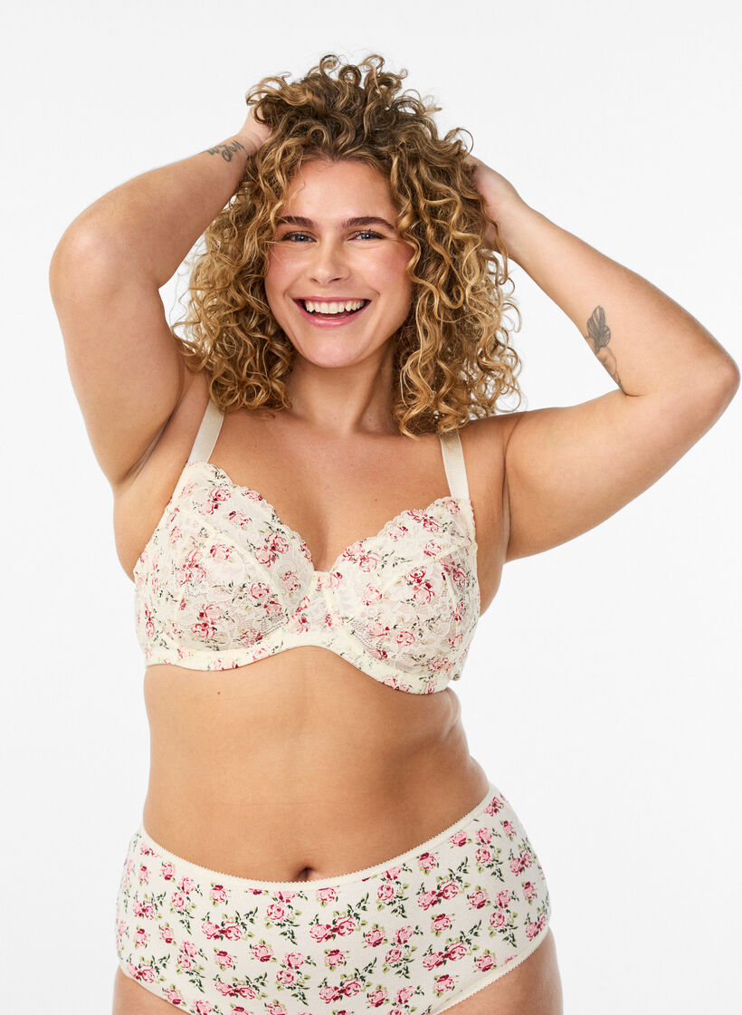 Full coverage bra with floral lace, White, Model image number 0