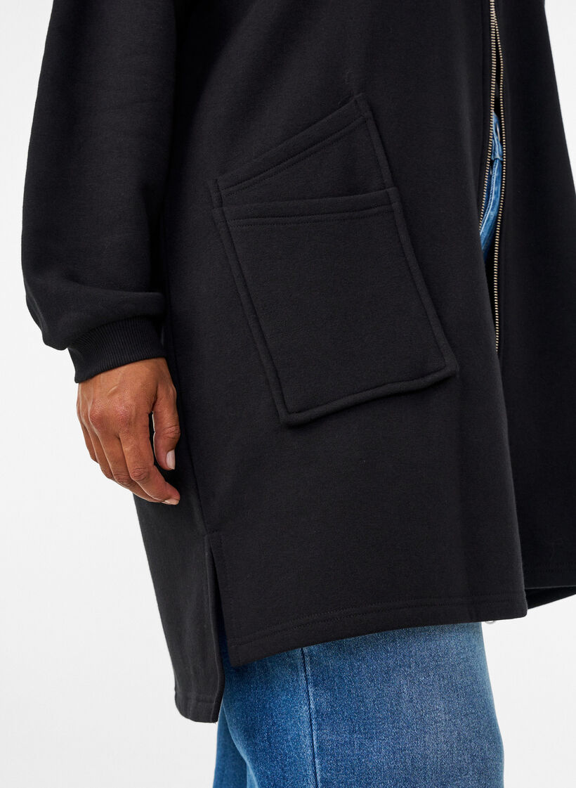 Long hooded cardigan with zipper, Black, Model image number 3