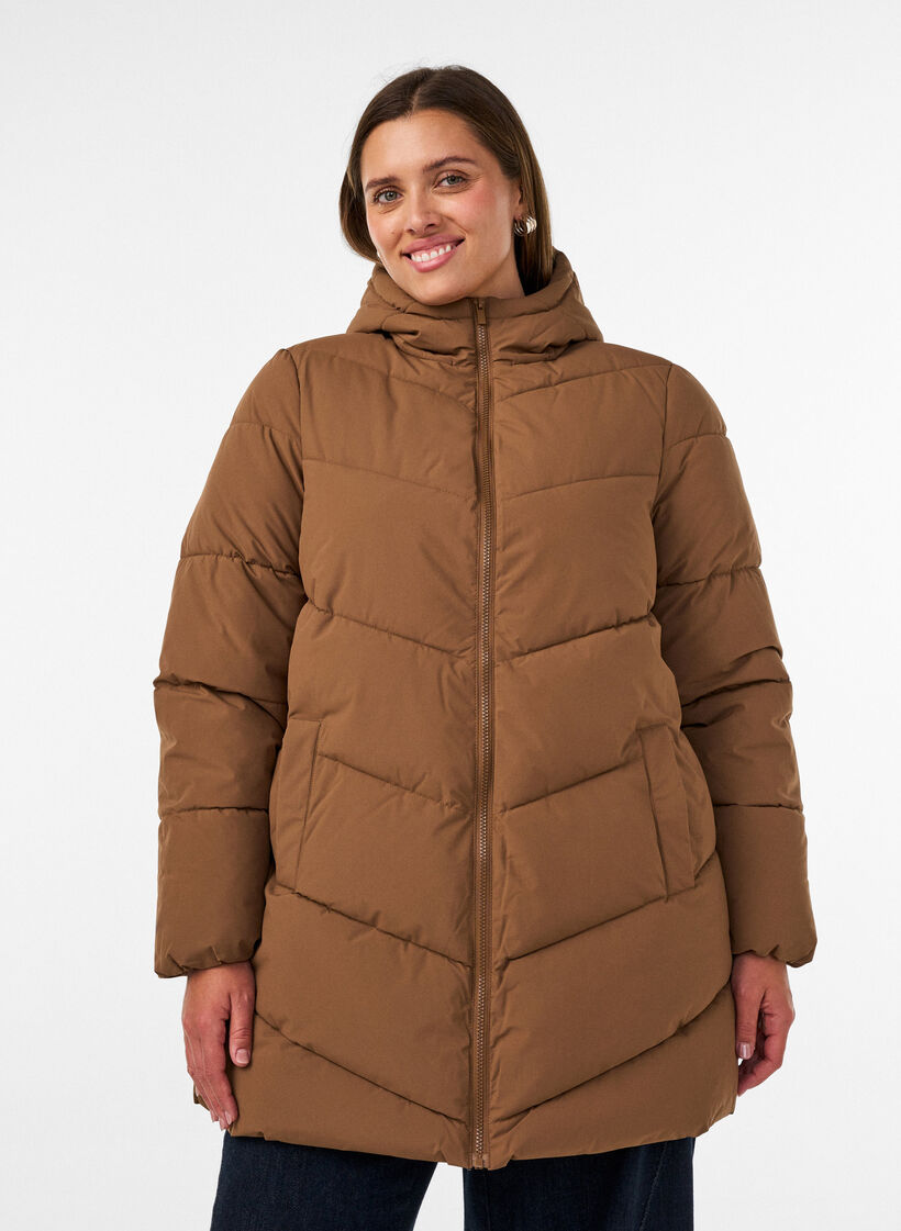 Mid-length puffer jacket with hood, Brown, Model image number 0
