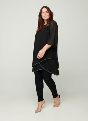 Tunic with 3/ length sleeves and jewels at the hem, Black, Model image number 2