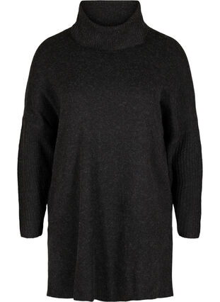 Marled, roll neck knitted poncho with slits, Black, Packshot image number 0