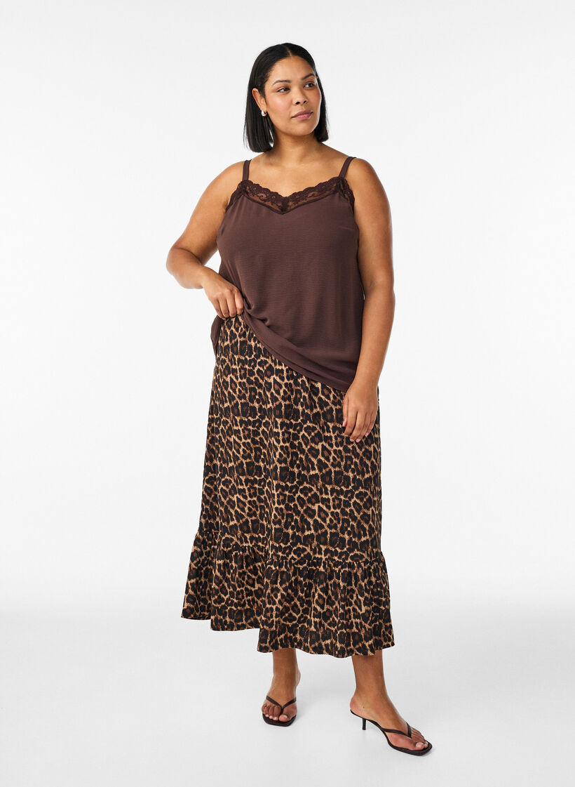 Long skirt with tie belt and ruffle hem, Black, Model image number 0