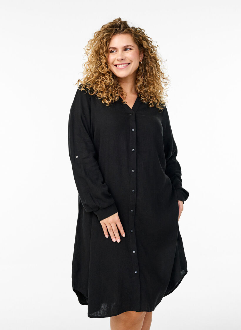 Long shirt in linen and viscose, Black, Model image number 0