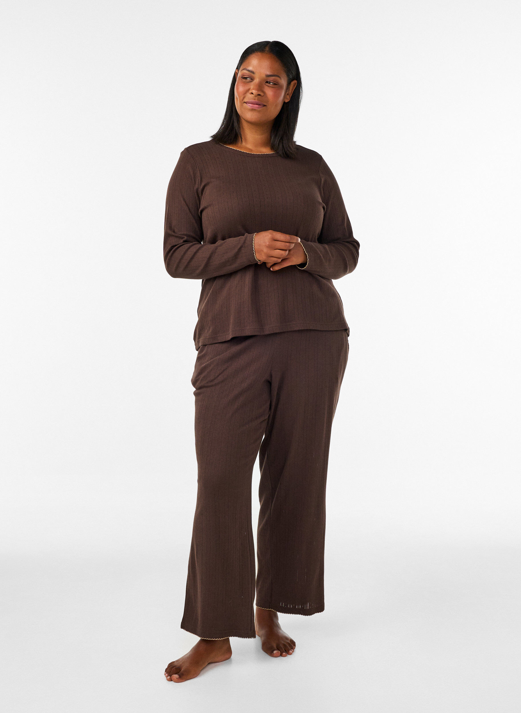 ZizzifashionOrganic cotton pyjama top with eyelet embroidery, Brown, Model image number 1