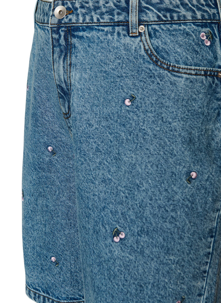 High-waisted denim shorts with embroidered motifs, Blue, Packshot image number 2