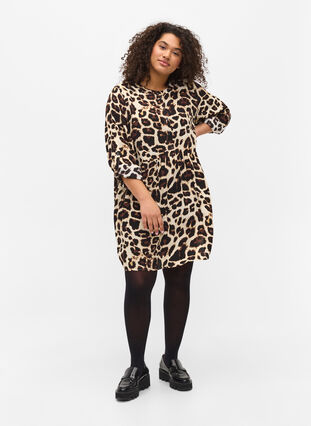Viscose tunic with leopard print and A-line, Brown Leo , Model image number 2