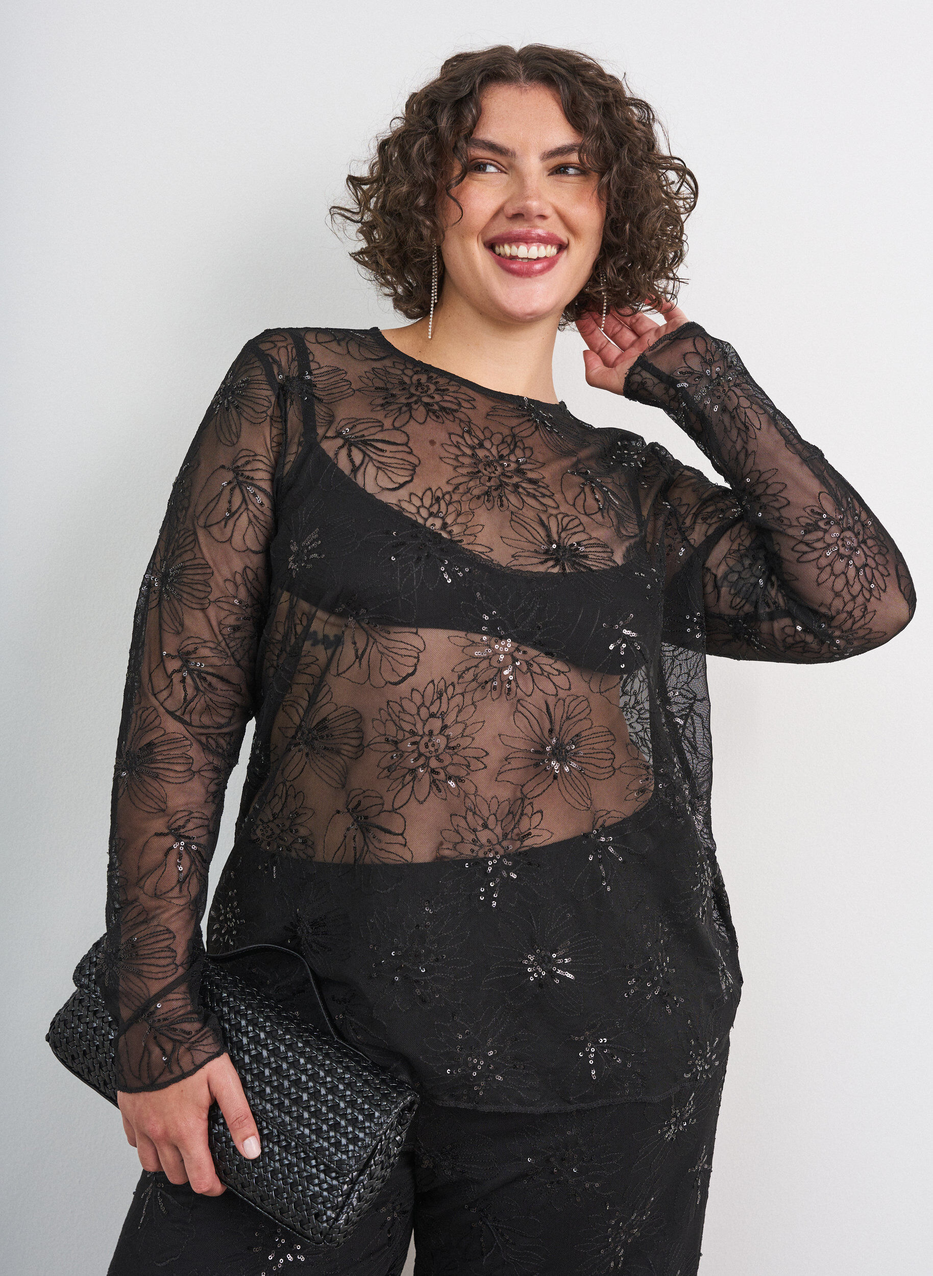 ZizzifashionMesh blouse with flowers and sequins, Black, Model image number 0