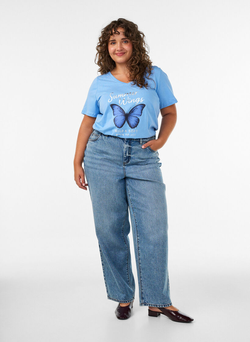 Cotton T-shirt with front print and V-neck, Light Blue, Model image number 1
