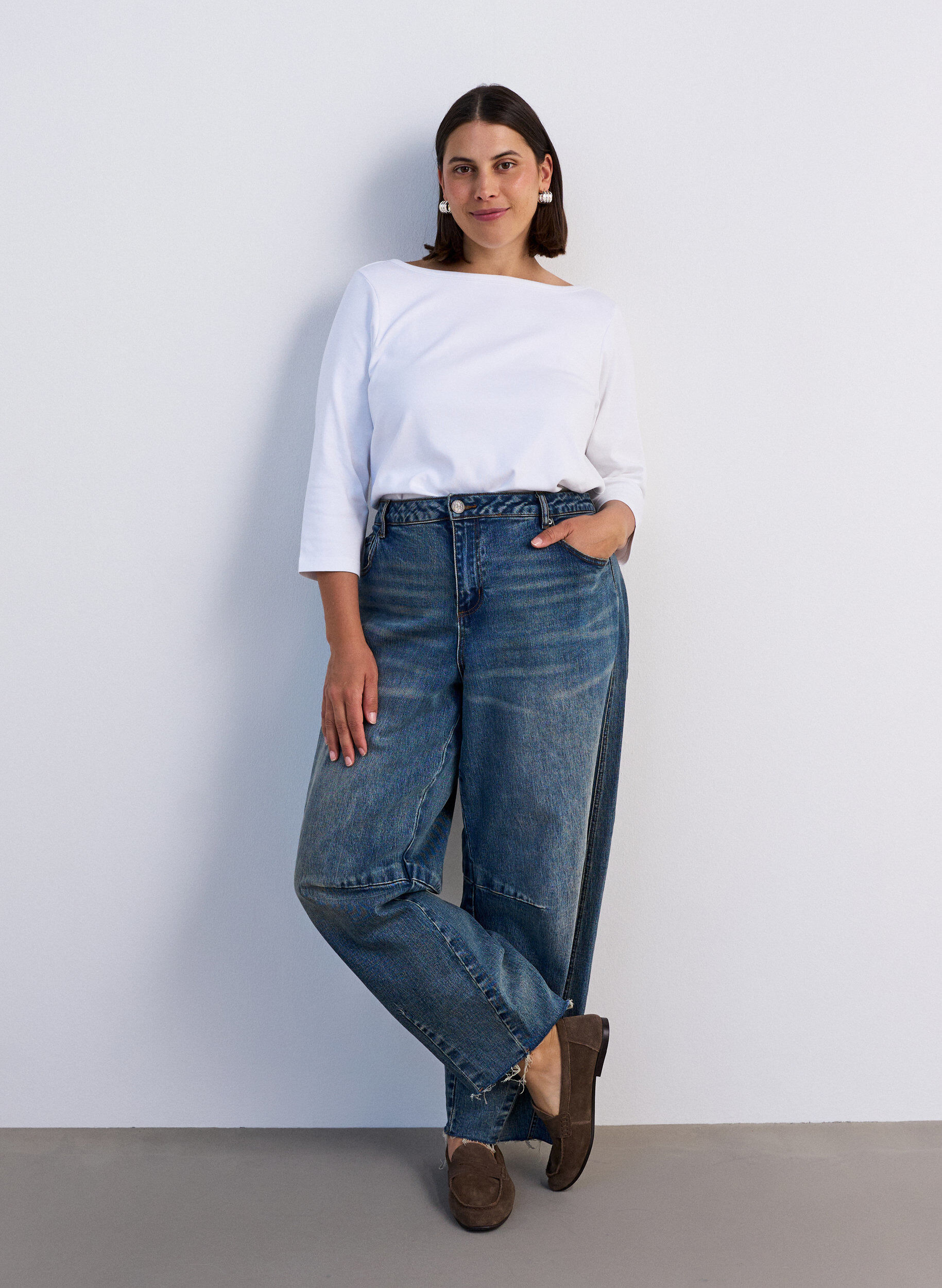 ZizzifashionBasic T-shirt with boat neckline and 3/4 sleeves, White, Model image number 1