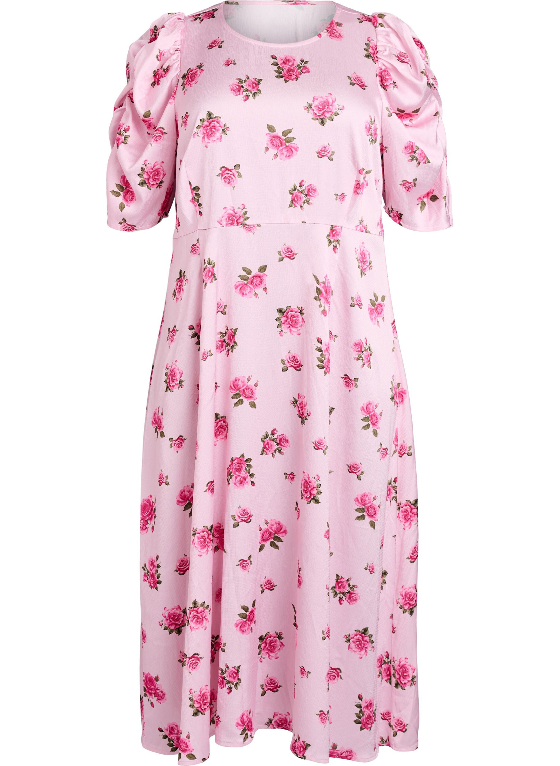Zizzifashion Floral midi dress with puff sleeves, Pink, Packshot image number 0