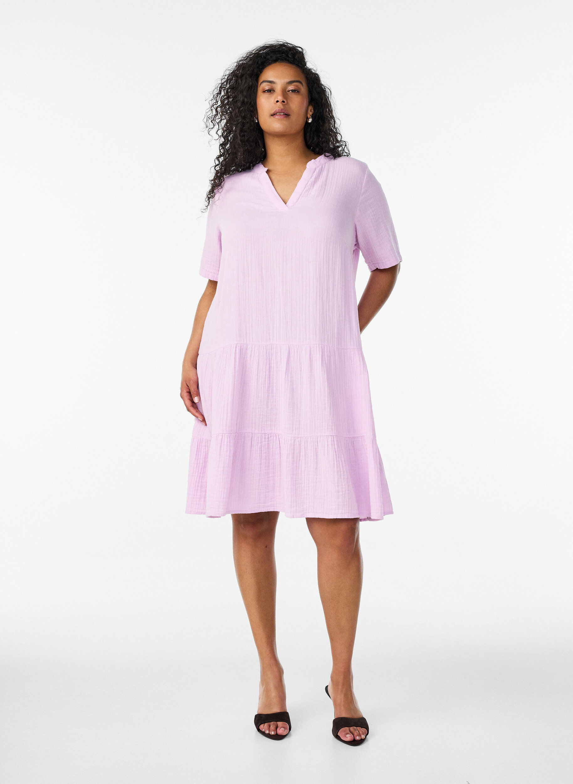 ZizzifashionShort A-line dress in cotton muslin, Purple, Model image number 1