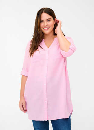 Shirt blouse with V-neck and pockets, Cameo Pink, Model image number 0